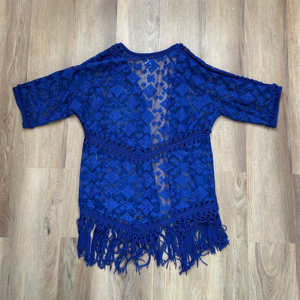 Chicos Royal Blue Lace Fringe Kimono Cardigan Boho 3 XL crotchet semi sheer - Picture 2 of 6
